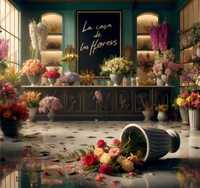 a flower shop with a broken jar on the floor